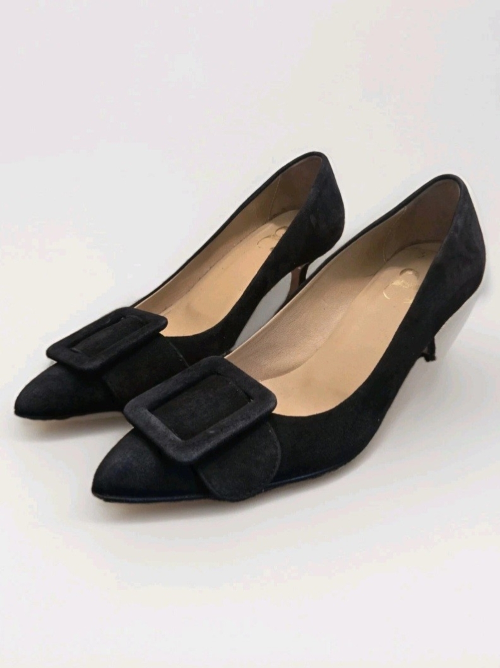 Pointed-Toe Black Suede Kitten Heels with Decorative Buckle